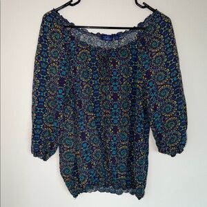 Y2K Indigo Great Northwest Boho Hippie Spiral Pattern Peasant Blouse Outdoors